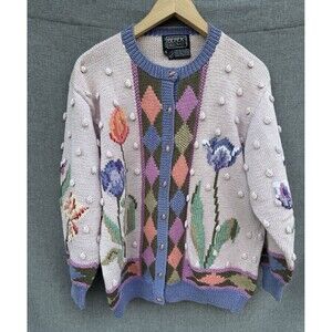 Vtg 1989 Berek Small Spring Floral Hand Knit Sweater Pink Purple Cardigan Granny